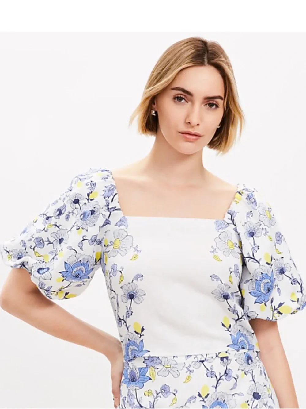 Loft  Floral Puff-Sleeve Top - White/Blue/Yellow Crop, NWT  Sz 00 Casual